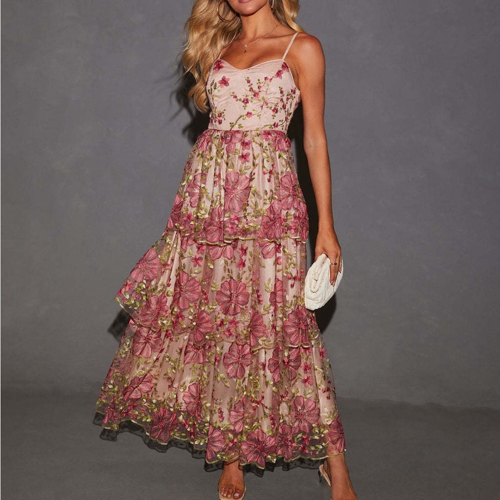 Endless Rose Ethereal Bloom Tiered Embroidered Midi Dress *Damaged*